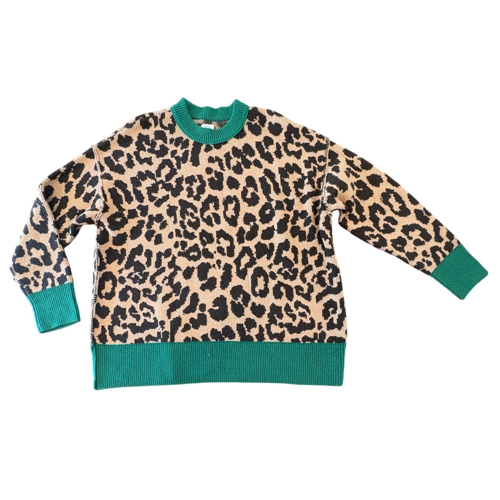 Aerie Leopard Print Crewneck Sweater Green Trim Oversized Large Animal Print